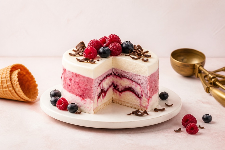 Torta helada sin azúcar con frutos rojos y chocolate